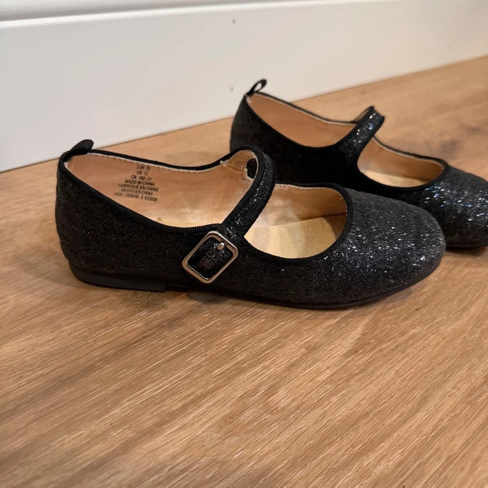 H&M Mary Jane Shoes Kids Size 12 Black Glitter Sparkle Dressy Party Ballet Flat